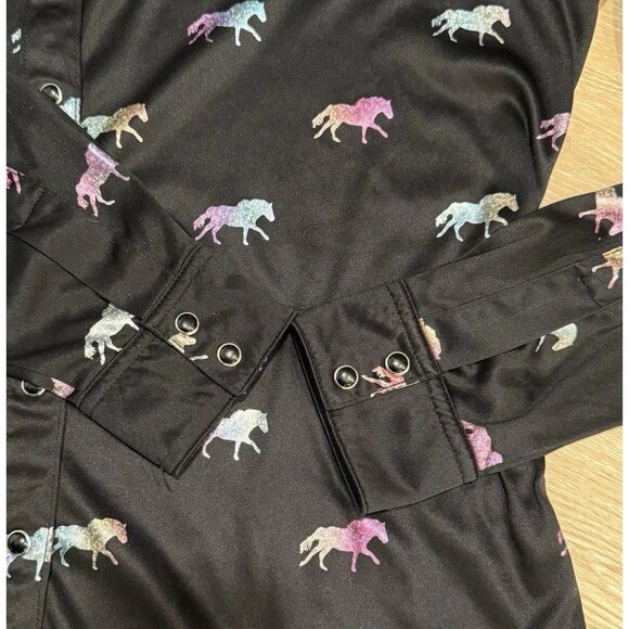 Wrangler Western Shirt Snap Buttons Hologram Horse Print Womens Sz M Black Satin - Picture 6 of 11